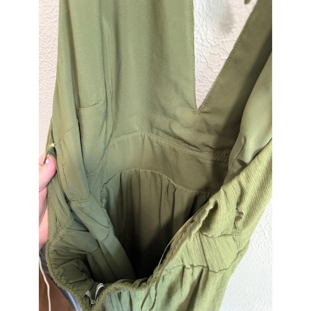 Abercrombie & Fitch Olive Green Halter Maxi Dress Textured V-Neck Slit XL Fall
